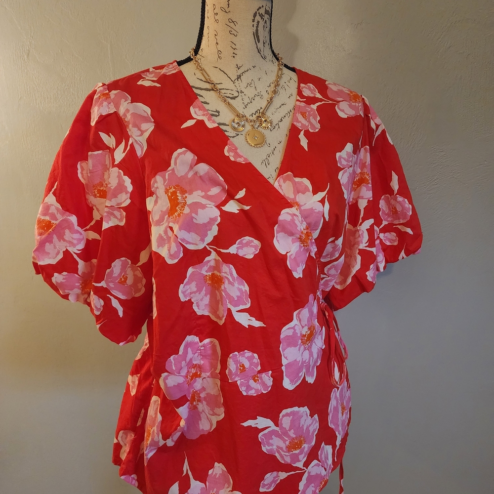 Old Navy Red and Pink Floral Wrap Blouse